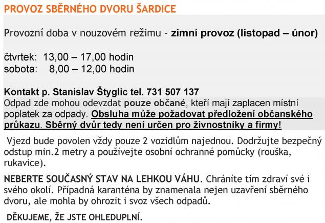 PROVOZ SBĚRNÉHO DVORU ŠARDICE