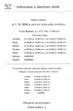 Pošta Šardice - změna otevírací doby 1